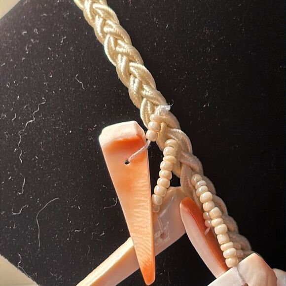 Braided Natural Cut Sea Shell Statement Necklace with Orange Tones 17” - Picture 3 of 4